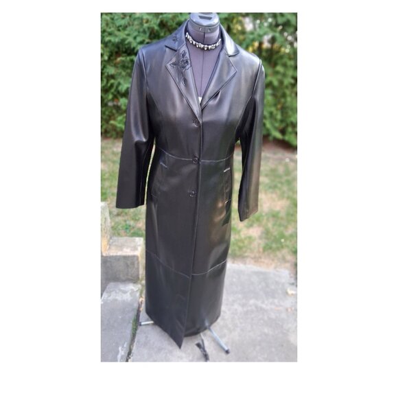 Gorgeous Long Floral Embroidered Black Faux Leather Coat Size 10 - Picture 3 of 9